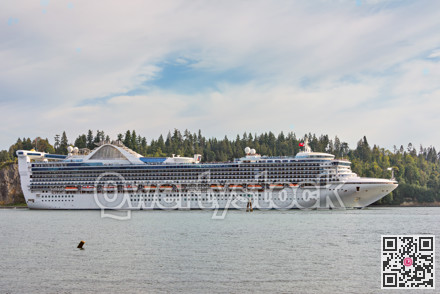 Huge white ocean cruise liner passing by Stenley park in Vancouver, Canada