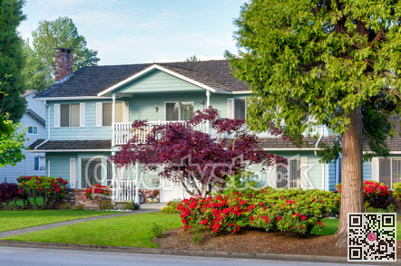 Big family residential house with landscaped front yard and trees