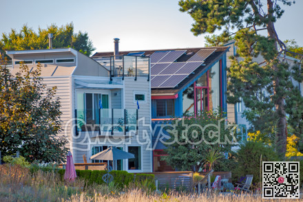Front side of residential houses on ocean shore in Vancouver