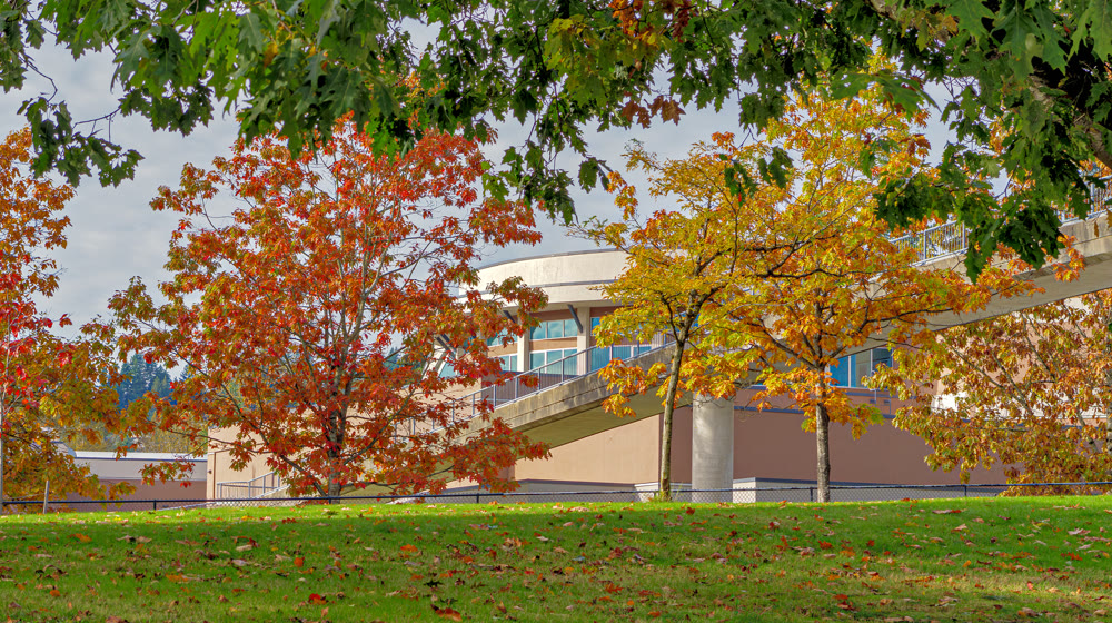 Round office building with crosswalk bridge on autumn season in Vancouver, Canada