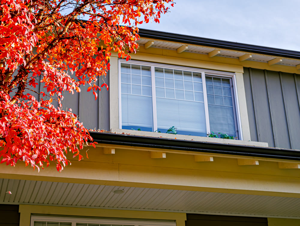 Top of residential house with red leaves tree on side
