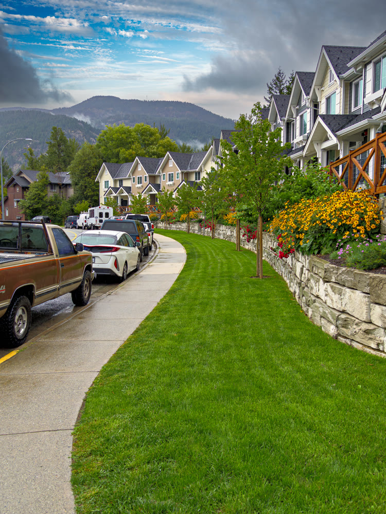 Row of residencial townhouses with cars parked on the street after the rain