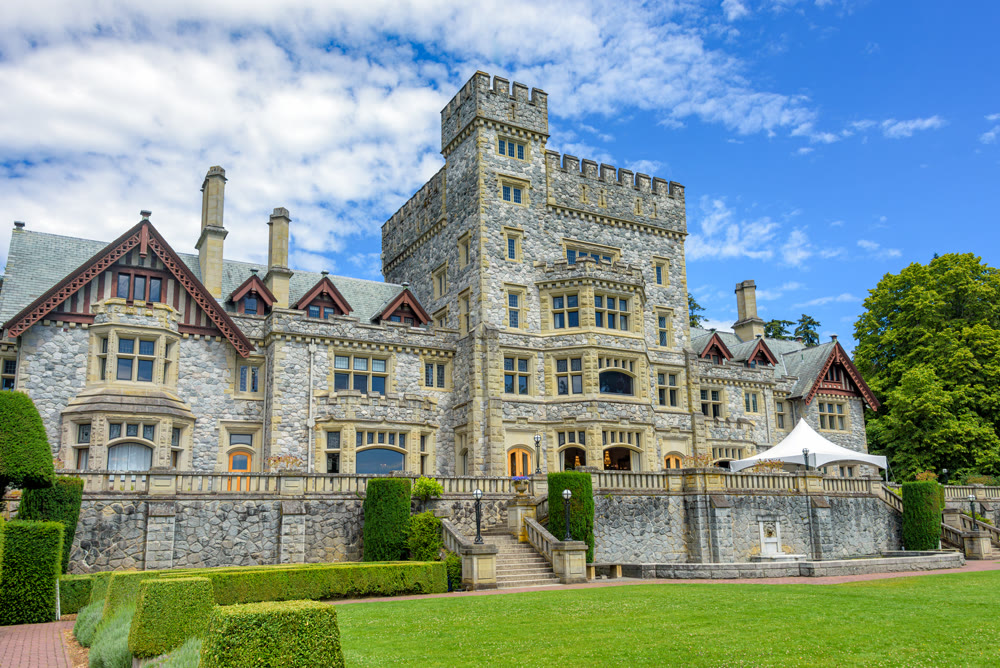 Old historic castle on Vancouver island on blue sky background