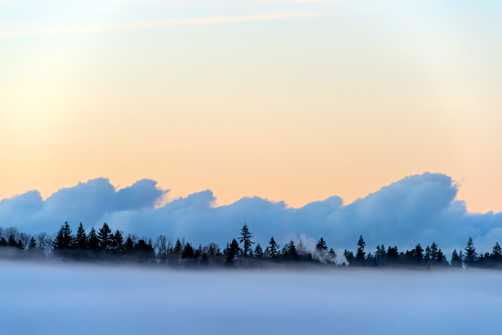 Foggy winter evening on puffy clouds and clear sky background