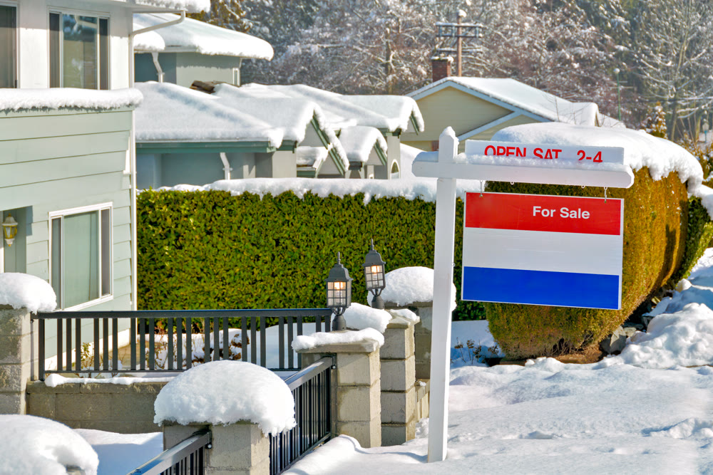 Real Estate for sale. House in snow for sale. Sign on the post. Winter sale