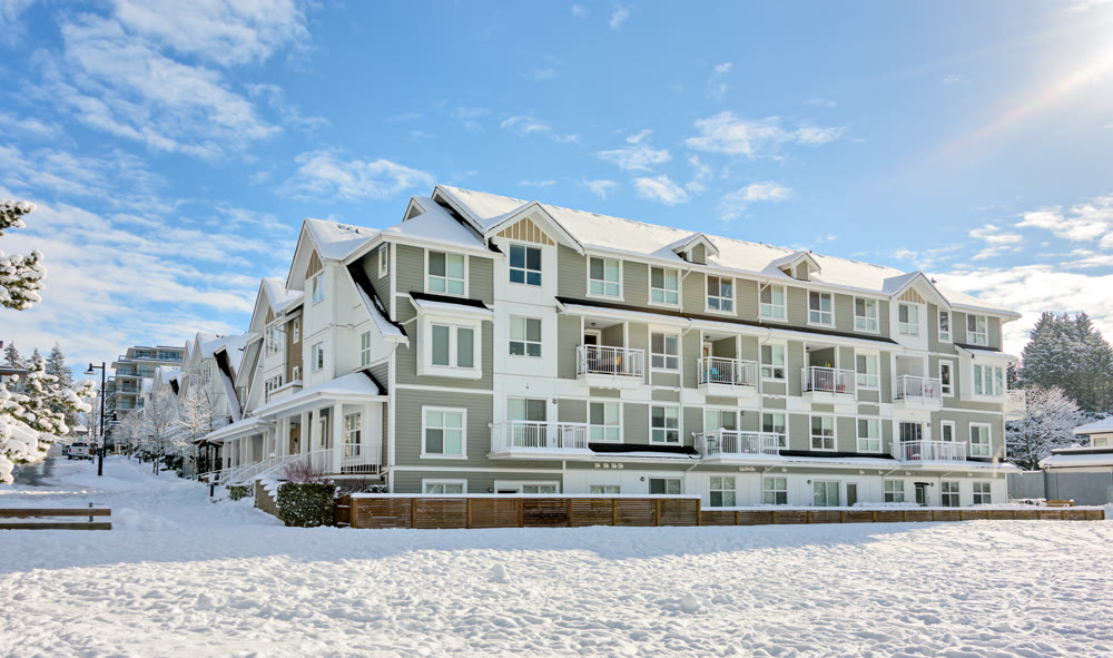 Residential low-rise building on bright winter day in British Columbia
