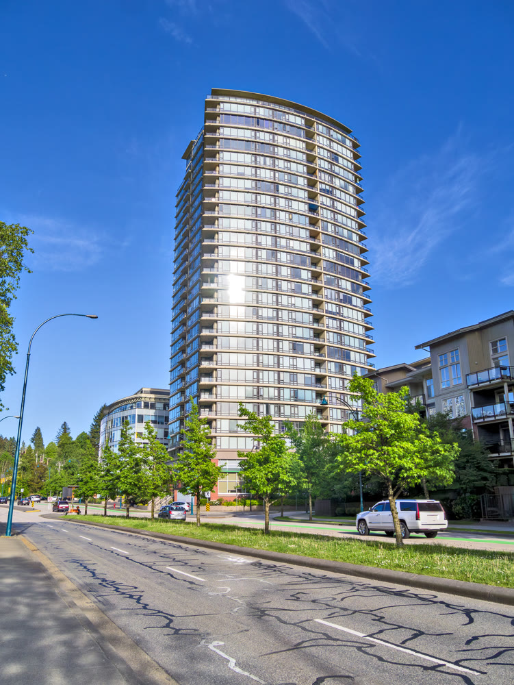 Street view with residential high-rise and low-rise buildings