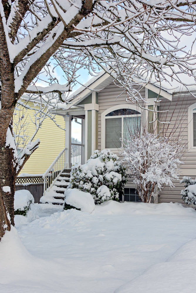 Residential house window on bright winter day