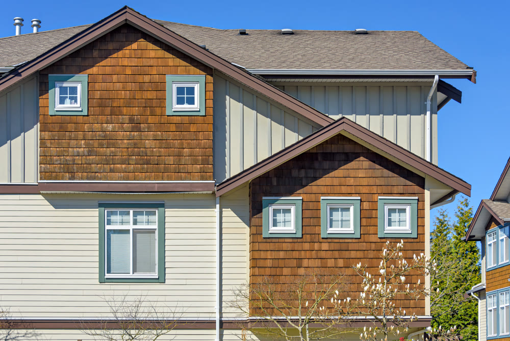 Top of residential townhouse on a bright spring day