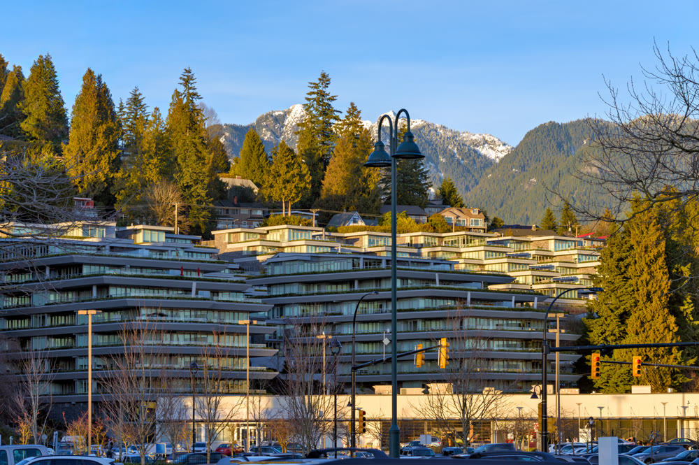 Luxury apartments residential complex and market place on winter season