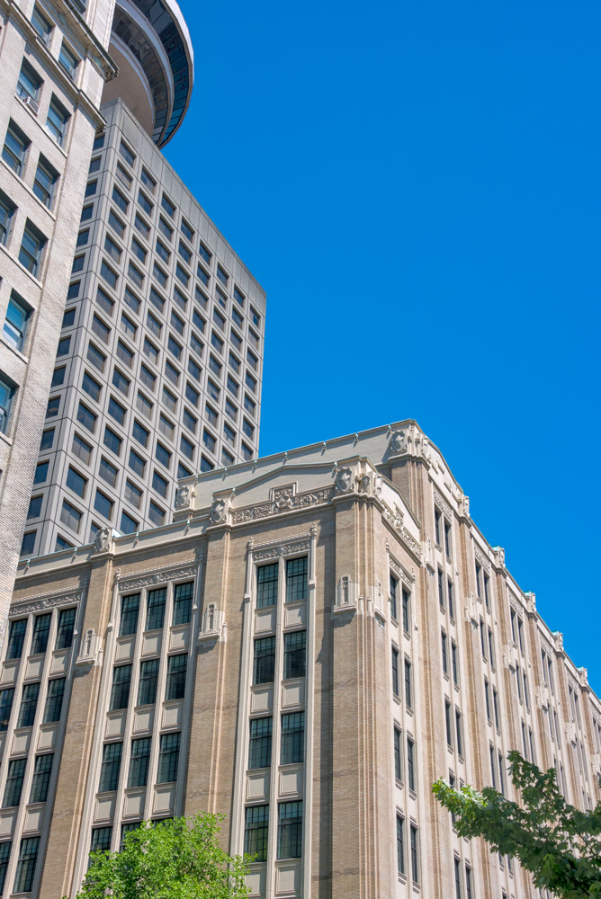 Architecture of historic and modern buildings in downtown of Vancouver, Canada