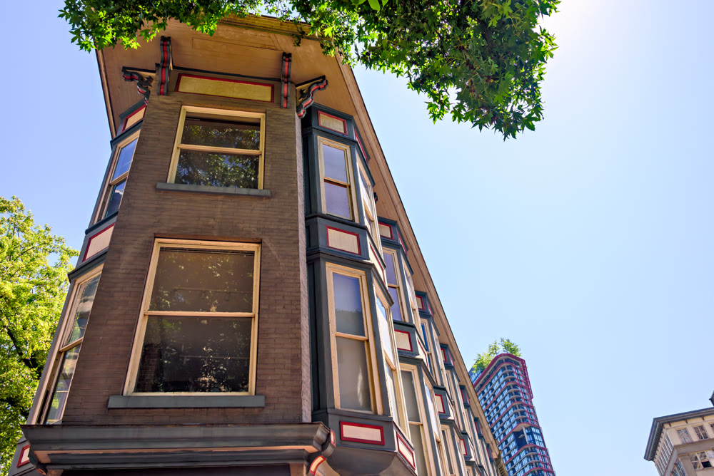 Small flatiron building in downtown of Vancouver, British Columbia