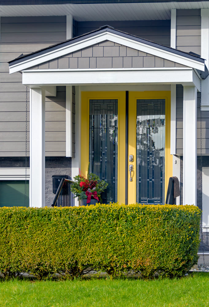 Yellow entrance door of residential house with green hedge row fence in front