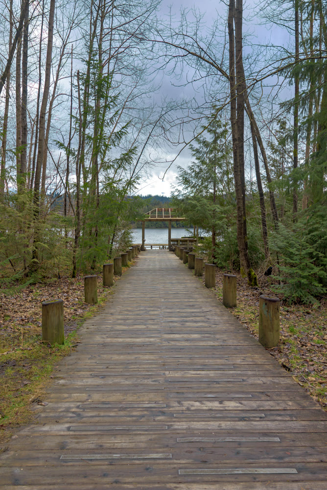 Wooden paved trail in a park on winter season in British Columbia, Canada