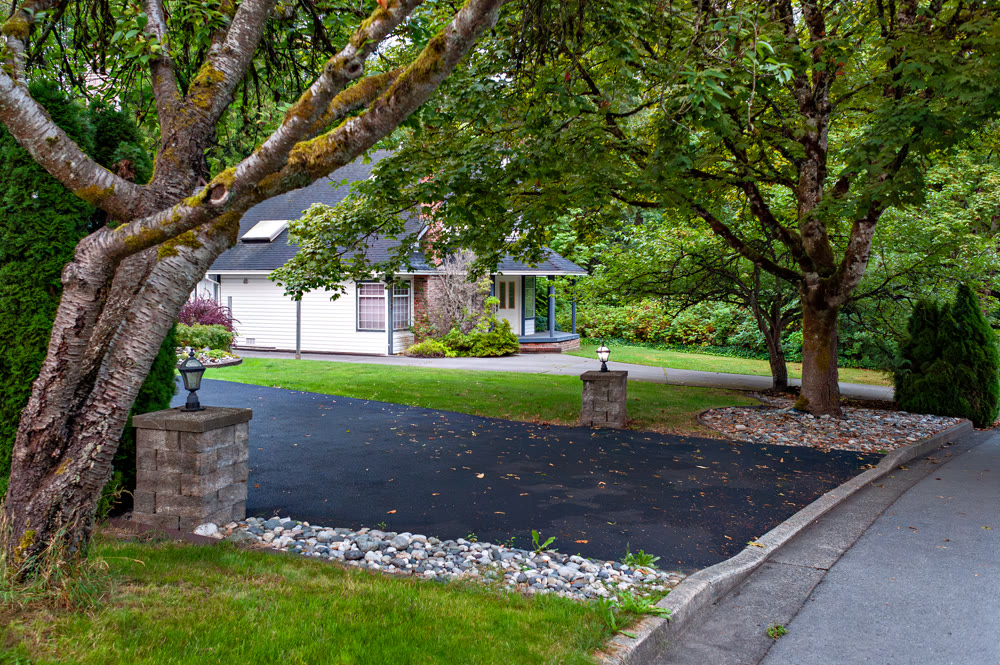 Front yard and asphalt driveway of residential houses