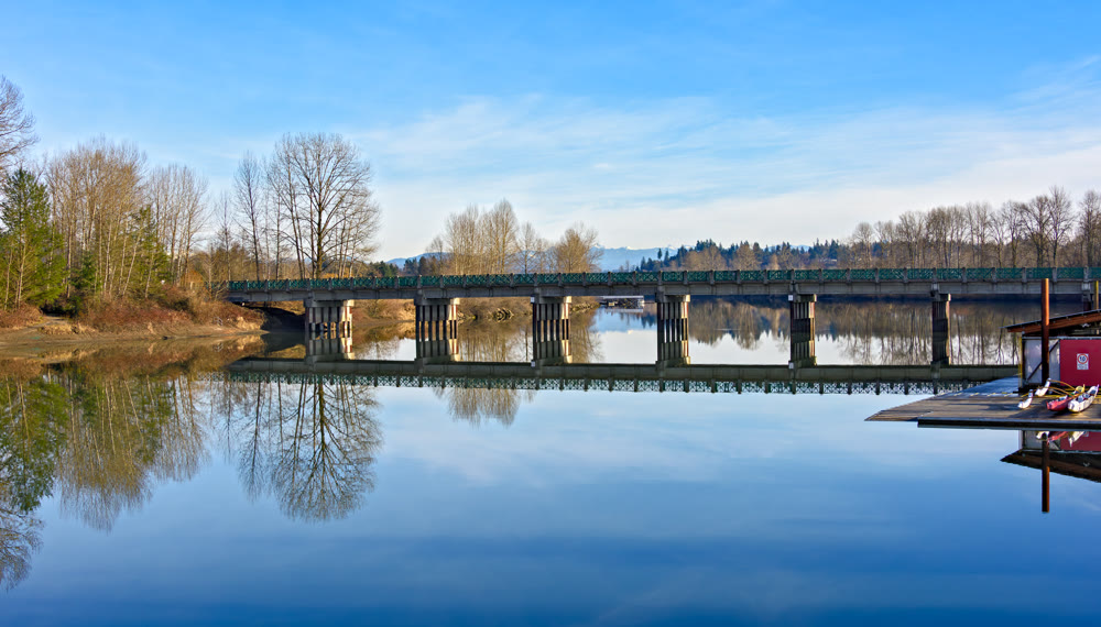 A beautiful river landscape with a white church on the shore