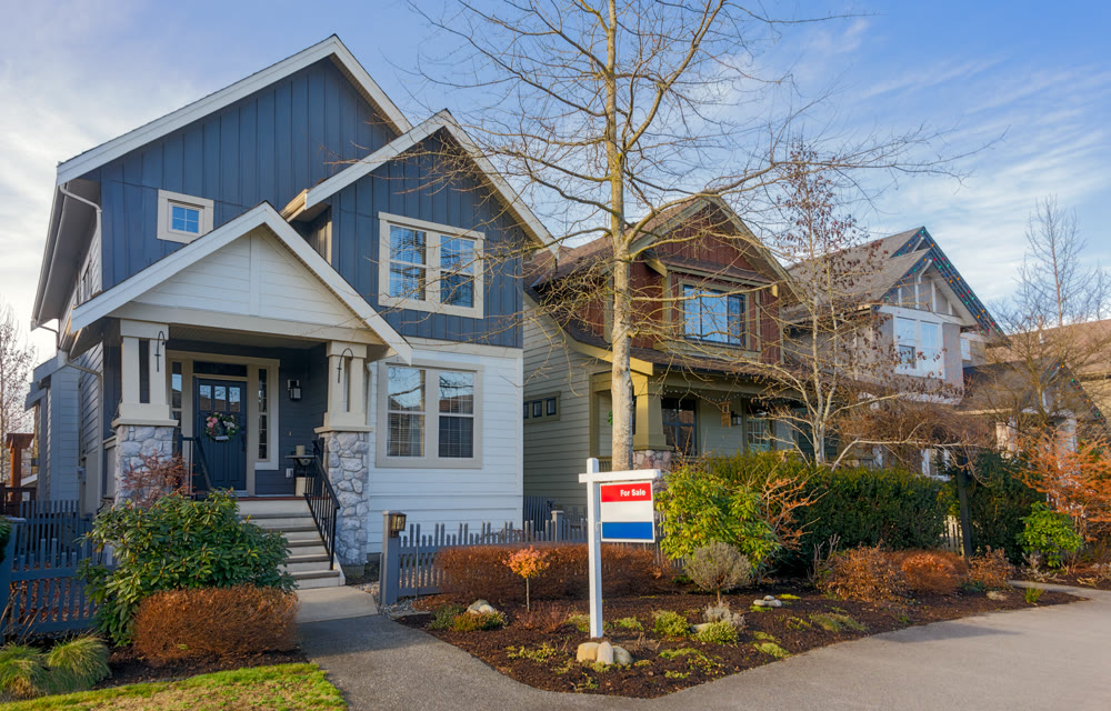 Residential houses with one house for sale on winter season in British Columbia