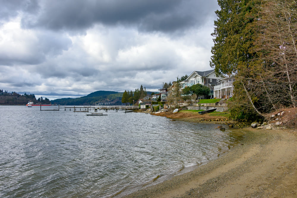 Ocean bay overview with row of recidential houses along the waterfront