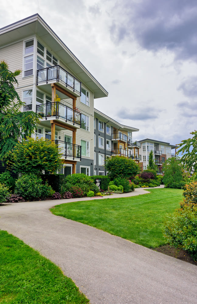 Low rise residential buildings on overcast day in British Columbia, Canada
