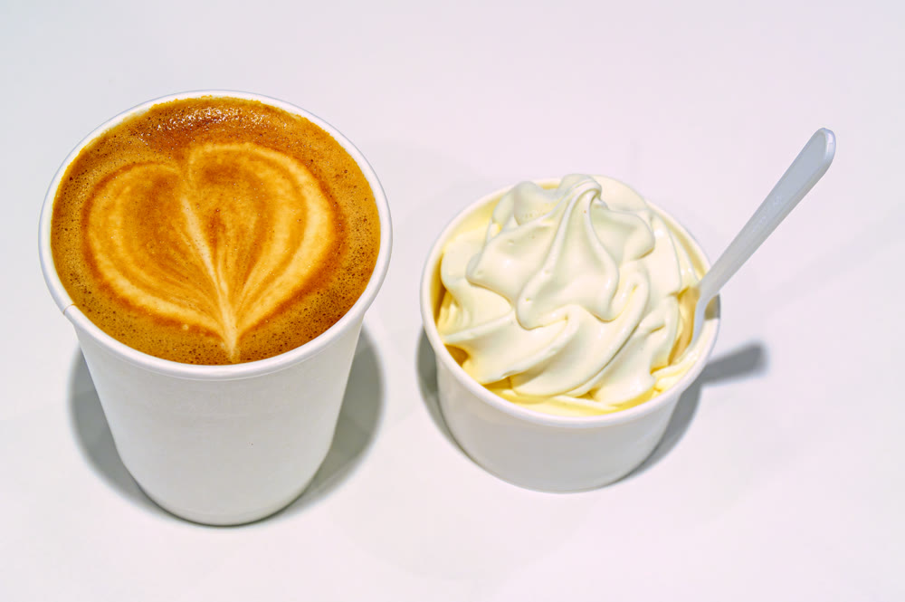 Latte Coffee Cup with Foam Heart Art and Vanilla Soft Serve Ice Cream Cup