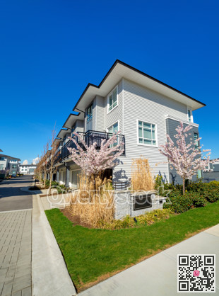 Row of residential townhouses on bright sunny day