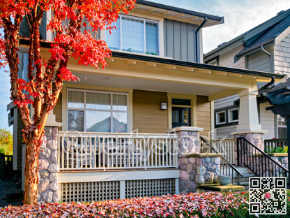 A perfect neighbourhood. Main entrance and patio of a nice residential house