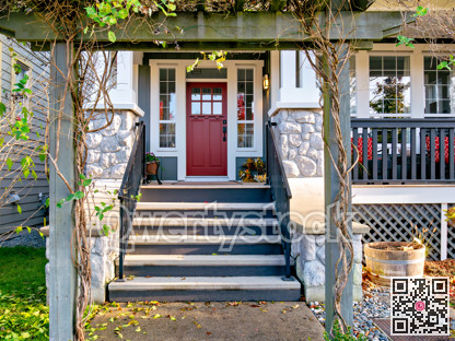 A perfect neighbourhood. Porch and entrance of a nice residential house