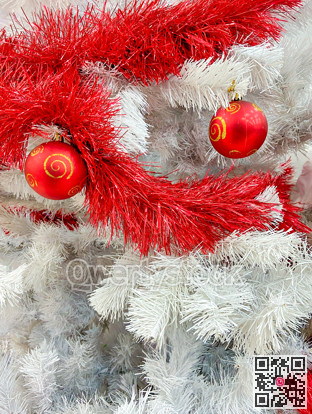 Red baubles with golden ornament on pine tree brenches