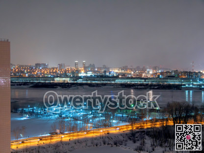 Cityscape on winter night. Urban district on winter season