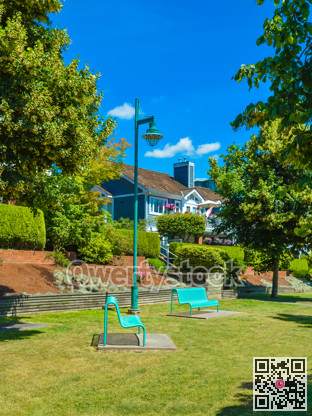 Bench and street light in community park.