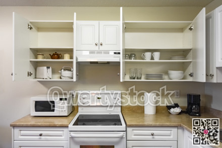 Open cabinets and primary appliances on average home kitchen.