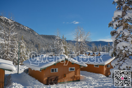 Row of houses in snow in Manning Park, BC.
