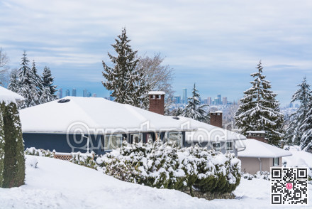 Street of residential houses in suburban of Vancouver on winter cloudy day