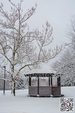 Wooden summer shelter under snow on winter season in Canada