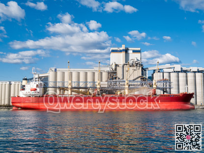 Dry-cargo ship moored at marine terminal for loading.
