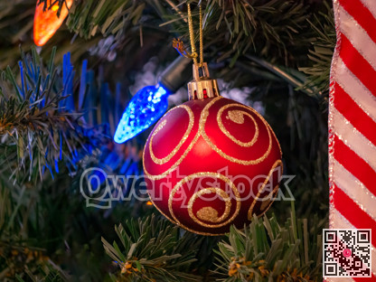 Red bauble with golden ornament on pine tree brench