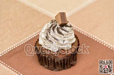 Small browny cake with whipping cream and piece of chocolate on the top
