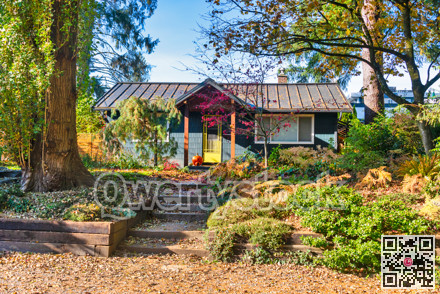 Residential house decorated with pumpkins for celebrating Helloween holiday