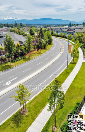 Road leading through residential area with mountain view on skyline