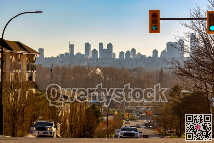 Winter day in Vancouver, Canada. View at Metrotown district over a street space