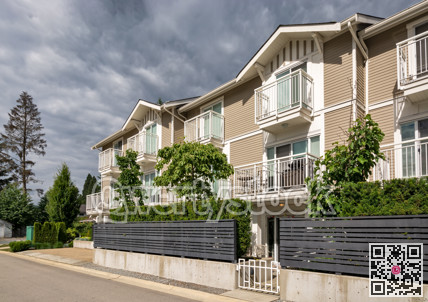 Residential condo building with fenced front yard on stormy sky background