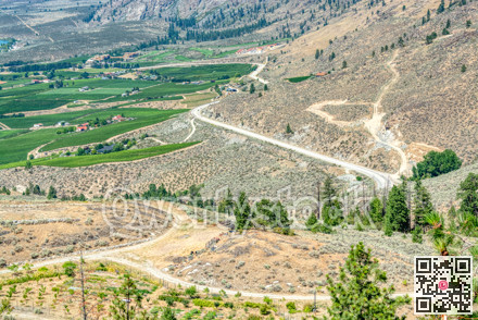 Landscape with orchard farms at Okanagan lake on hot summer day