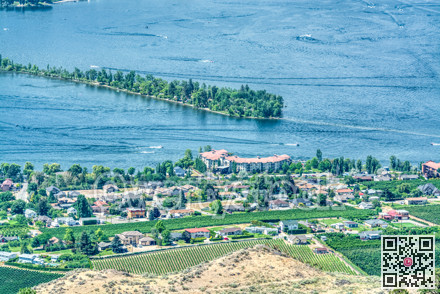 Resort area overview and residential houses on Osoyoos lake, British Columbia