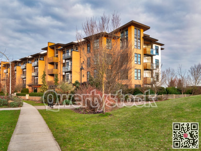Concrete pathway across green lawn in front of residential condo building