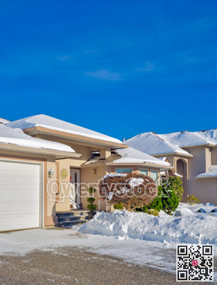 Entrance of luxury house with driveway and front yard in snow